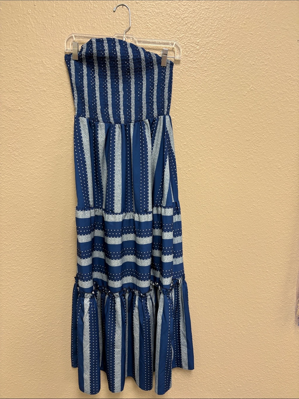 SHEIN Navy and Light Blue Striped Strapless Maxi Dress